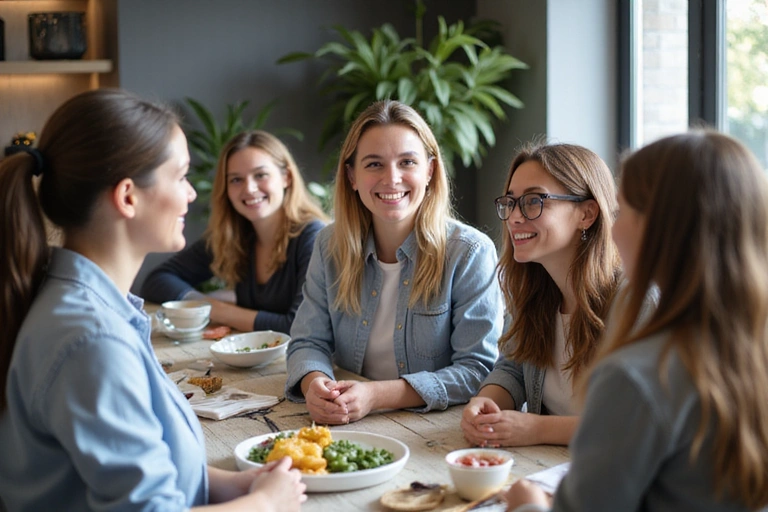 Un gruppo di persone sorridenti che partecipano attivamente a un workshop sulla nutrizione, con un esperto che presenta di fronte a loro.