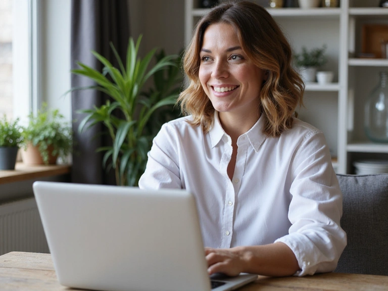 Una donna sorridente che partecipa a una videochiamata con un professionista della nutrizione sul suo computer portatile, mostrando un ambiente domestico confortevole.